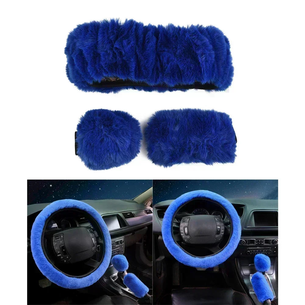 3-Piece Set of Plush Faux Wool Steering Wheel Covers - 38cm Fluffy and Thick Auto Accessories
