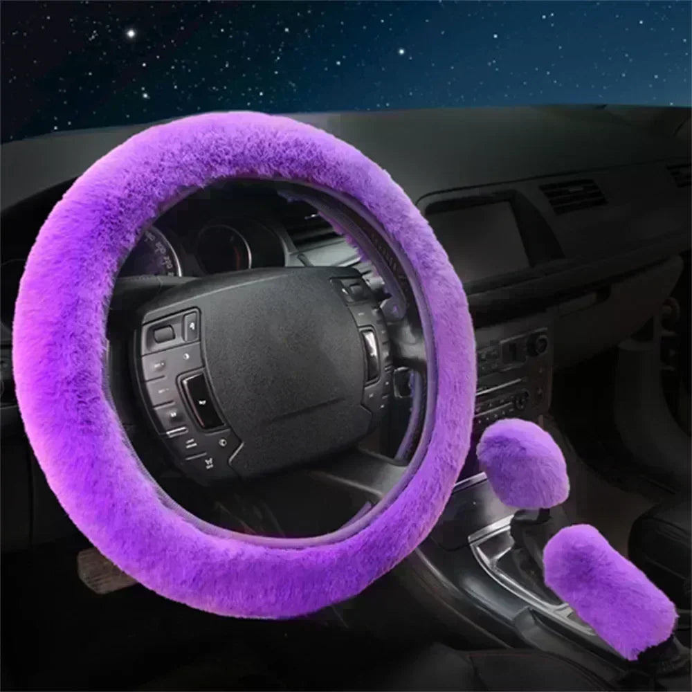 3-Piece Set of Plush Faux Wool Steering Wheel Covers - 38cm Fluffy and Thick Auto Accessories