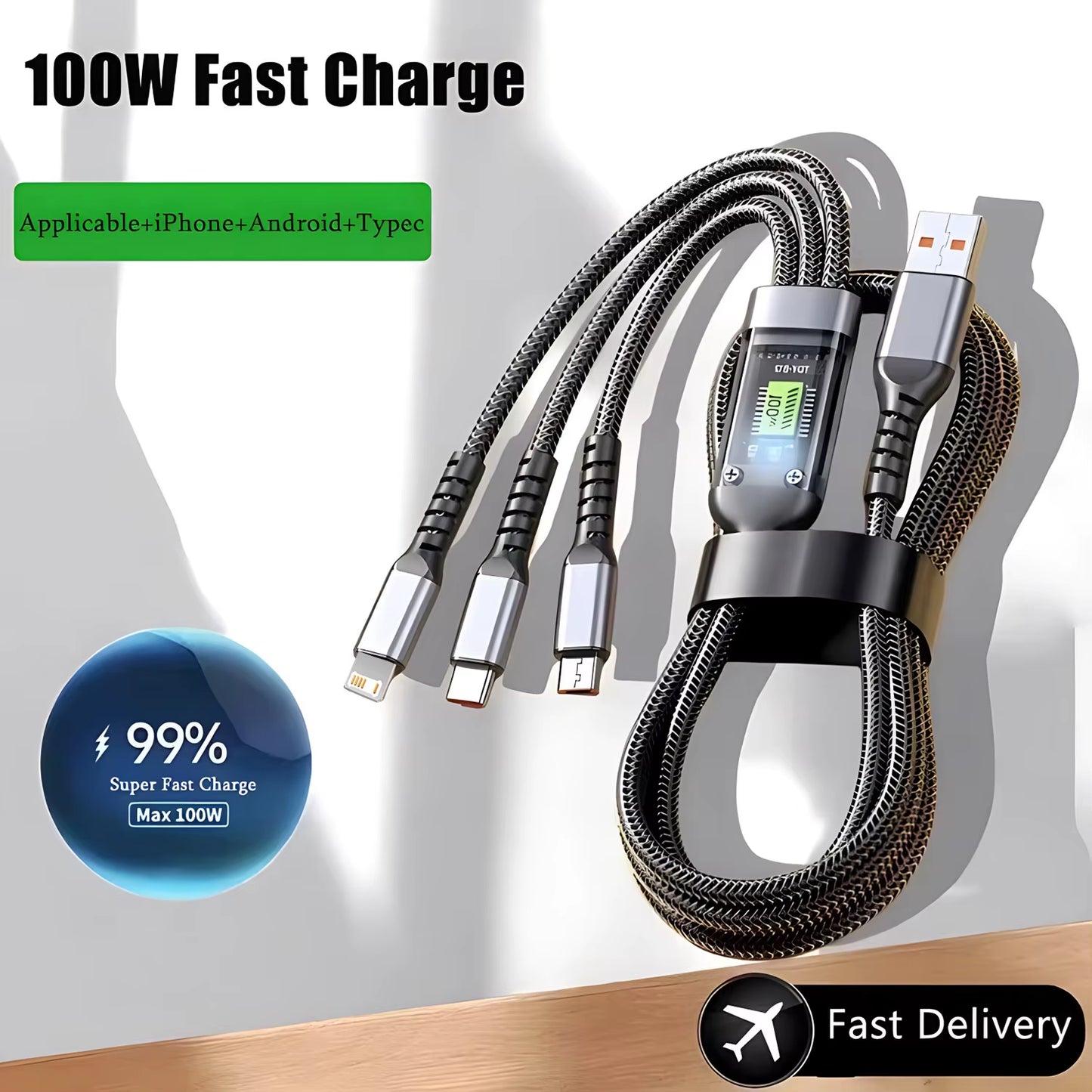 3-in-1 100W USB Fast Charging Cable - Compatible with iPhone 16/15/14/13, Samsung, Xiaomi, and Huawei