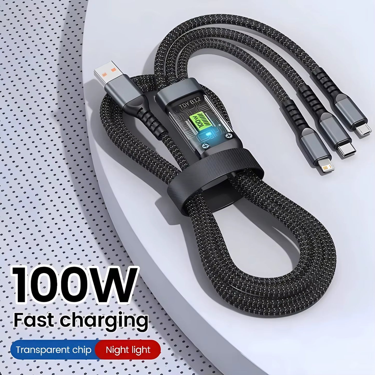 3-in-1 100W USB Fast Charging Cable - Compatible with iPhone 16/15/14/13, Samsung, Xiaomi, and Huawei