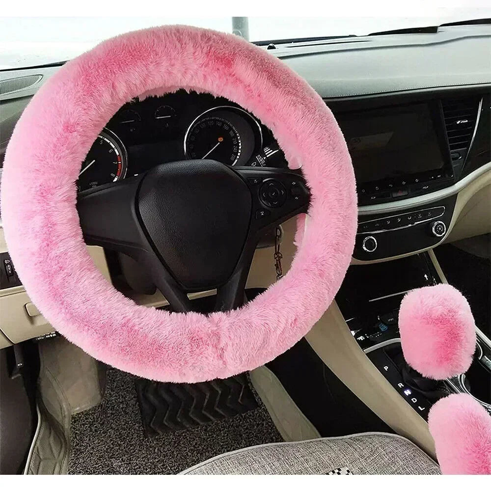 3-Piece Set of Plush Faux Wool Steering Wheel Covers - 38cm Fluffy and Thick Auto Accessories