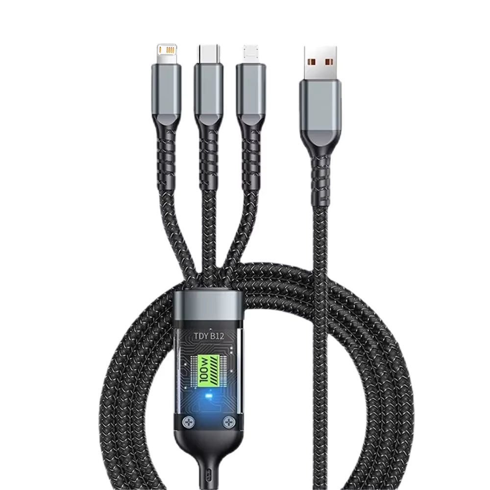3-in-1 100W USB Fast Charging Cable - Compatible with iPhone 16/15/14/13, Samsung, Xiaomi, and Huawei