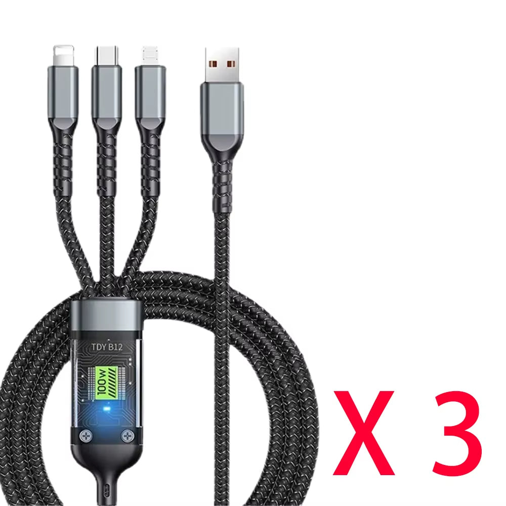 3-in-1 100W USB Fast Charging Cable - Compatible with iPhone 16/15/14/13, Samsung, Xiaomi, and Huawei