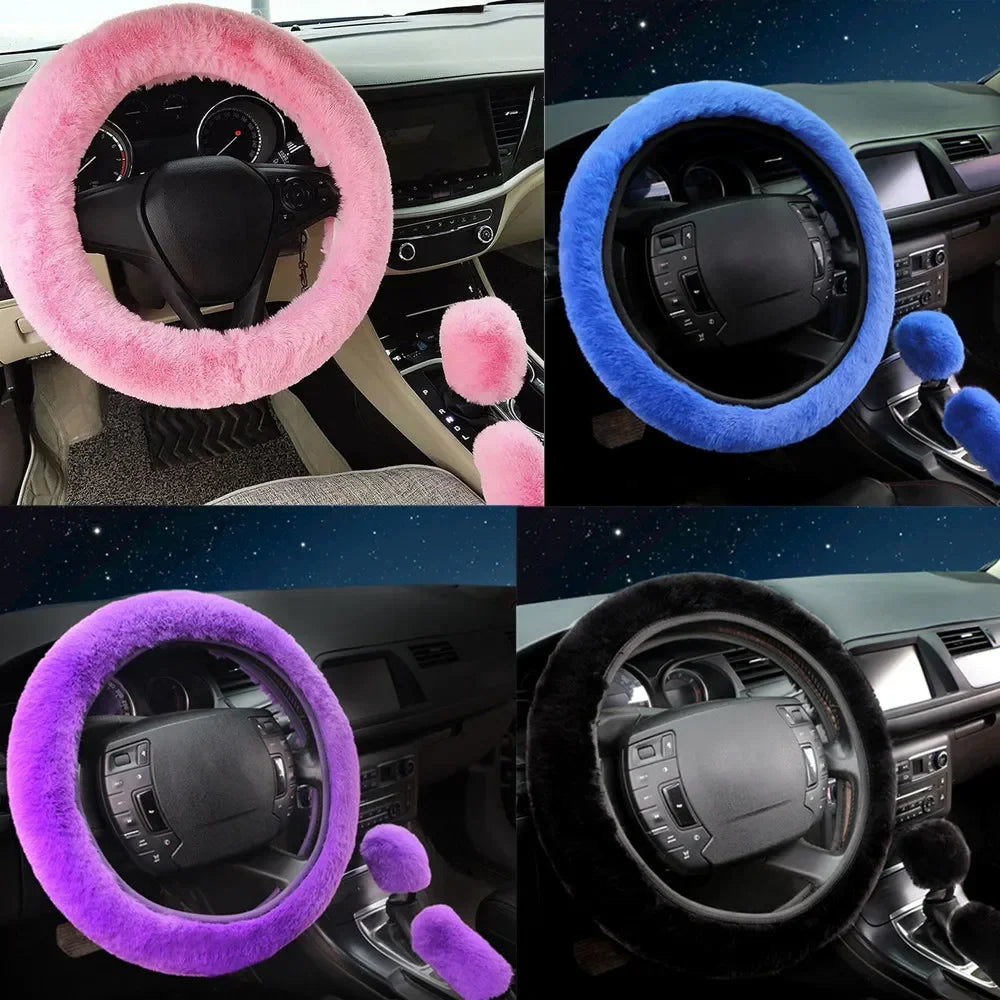 3-Piece Set of Plush Faux Wool Steering Wheel Covers - 38cm Fluffy and Thick Auto Accessories