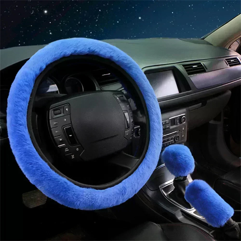 3-Piece Set of Plush Faux Wool Steering Wheel Covers - 38cm Fluffy and Thick Auto Accessories