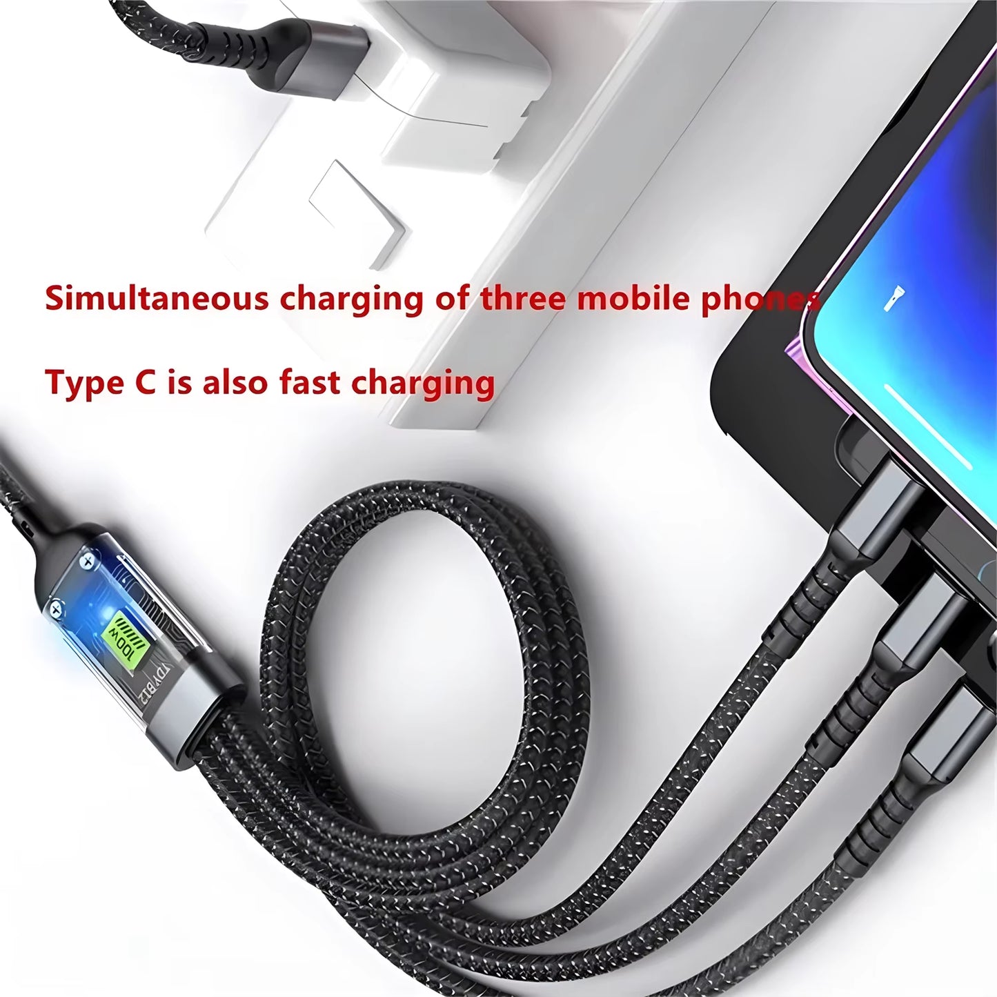 3-in-1 100W USB Fast Charging Cable - Compatible with iPhone 16/15/14/13, Samsung, Xiaomi, and Huawei