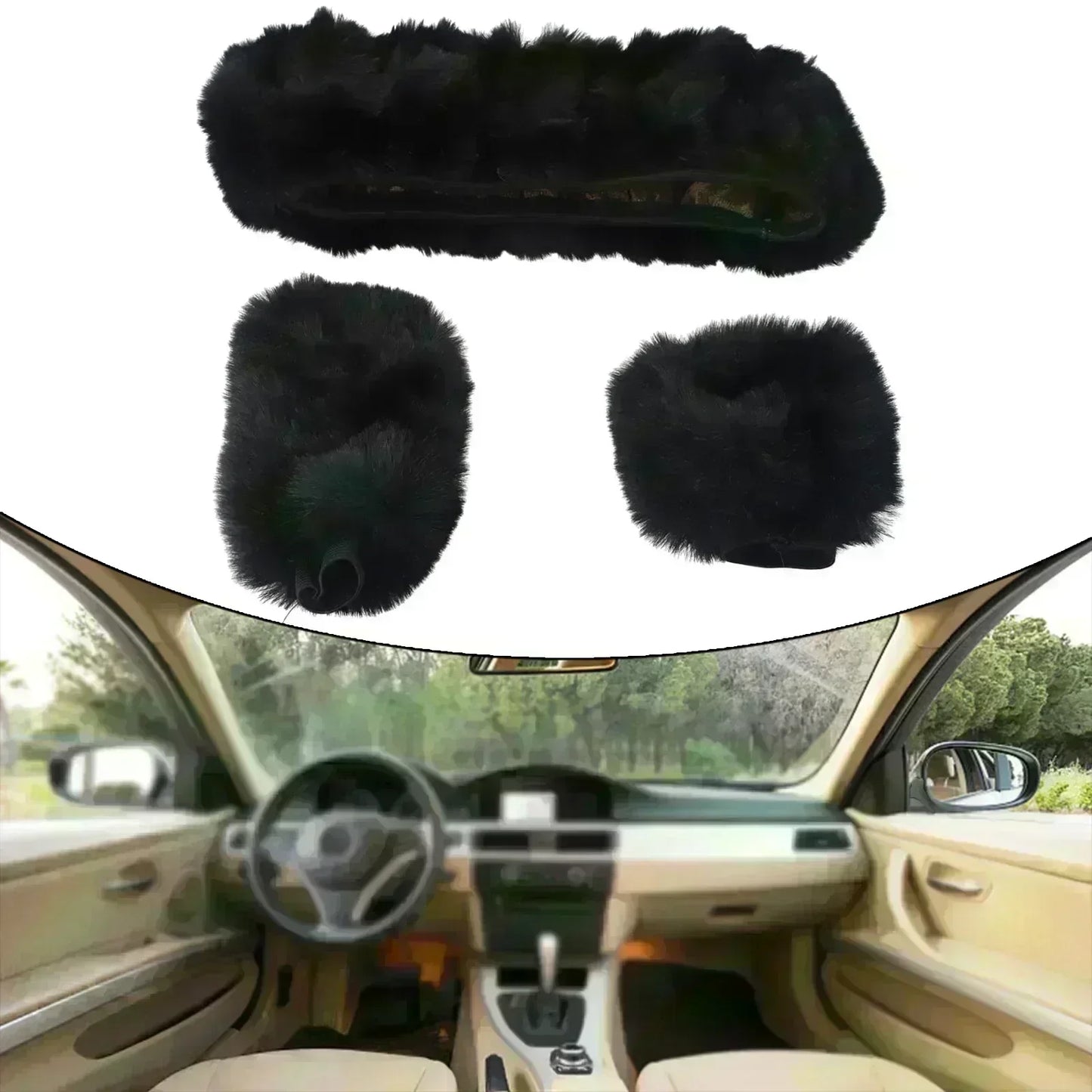 3-Piece Set of Plush Faux Wool Steering Wheel Covers - 38cm Fluffy and Thick Auto Accessories