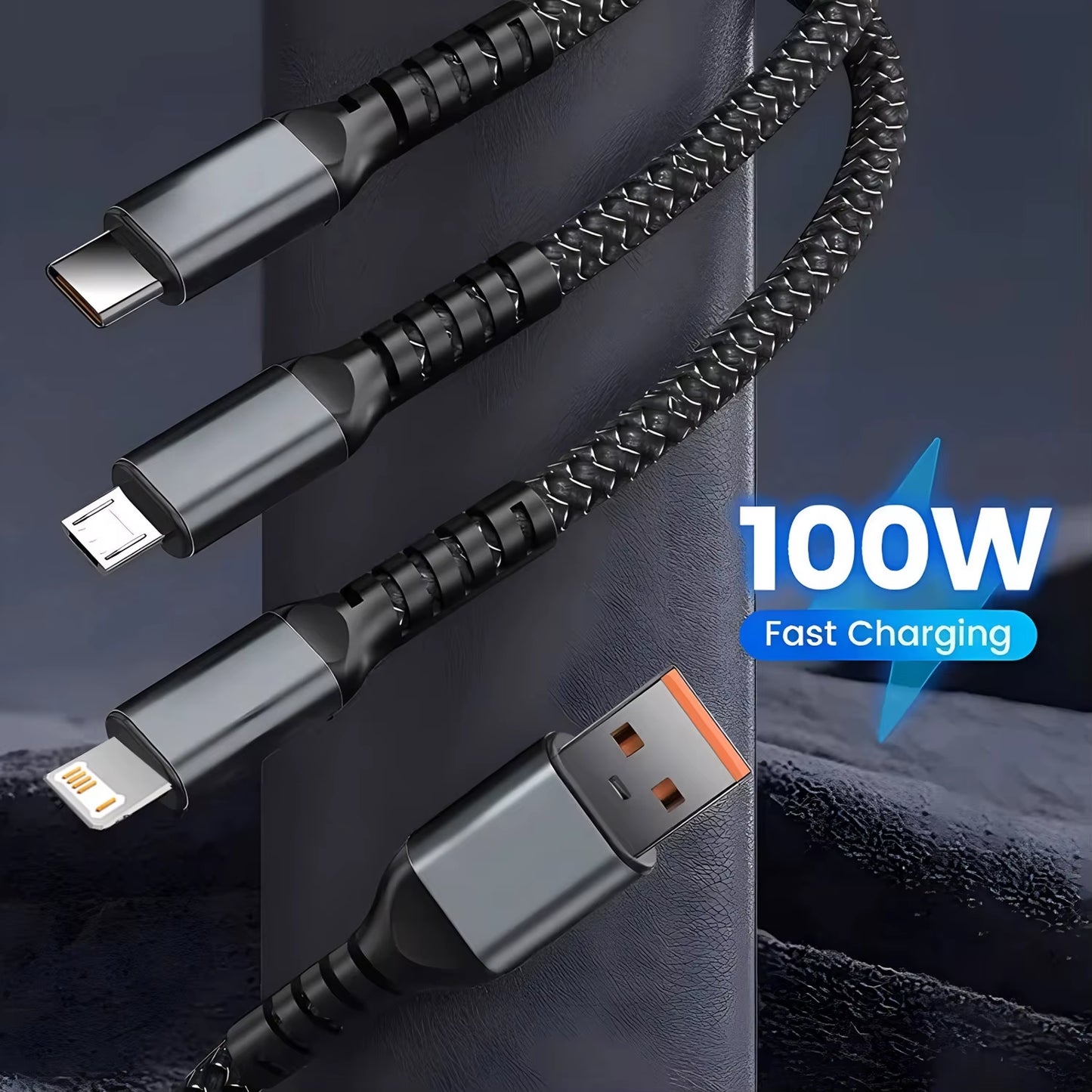 3-in-1 100W USB Fast Charging Cable - Compatible with iPhone 16/15/14/13, Samsung, Xiaomi, and Huawei