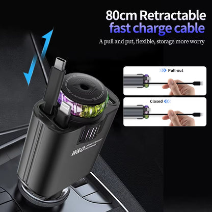 5-In-1 PD45W Car Fast Charger USB Type-C Power Adapter Retractable Phone Charger with Roof Starlight Aromatherapy for IOS Androi