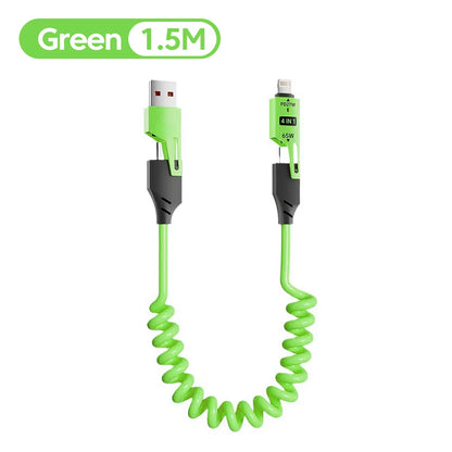 65W 6A Spring Coiled USB-C Cable 4-In-1 Fast Charging for Iphone 16 15 14 13 12 Pro Max Samsung Multi-Device Durable Cord
