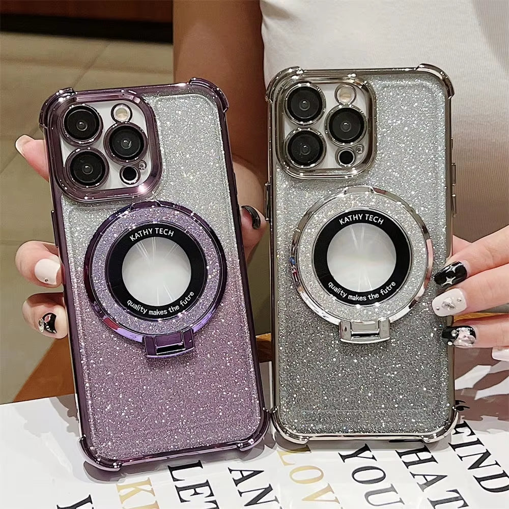Premium Glitter Wireless Charging MagSafe Ring Stand Case for iPhone 11-16 Pro Max Plus - Transparent Magnetic Cover