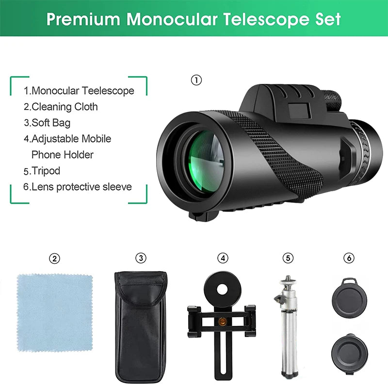 80x100 High Definition Zoom Monocular Telescope with Tripod and Phone Clip for Hunting and Camping