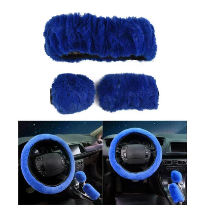 3-Piece Set of Plush Faux Wool Steering Wheel Covers - 38cm Fluffy and Thick Auto Accessories