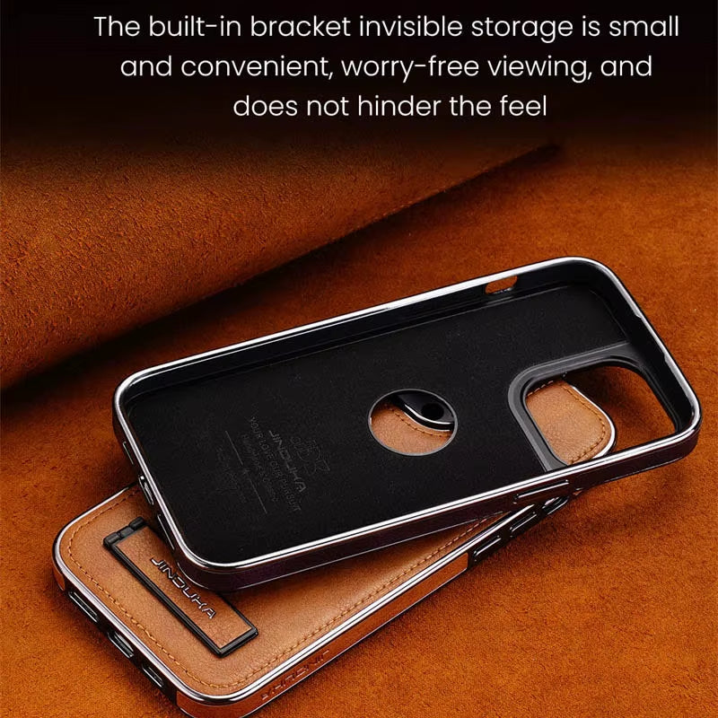 Premium Leather Folding Kickstand Phone Case with Luxury Plating for iPhone 16, 15, 11, 12, 13, 14 Pro Max Plus - Slim Metal Holder Cover