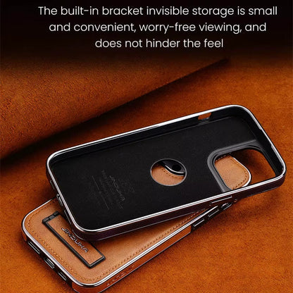 Premium Leather Folding Kickstand Phone Case with Luxury Plating for iPhone 16, 15, 11, 12, 13, 14 Pro Max Plus - Slim Metal Holder Cover