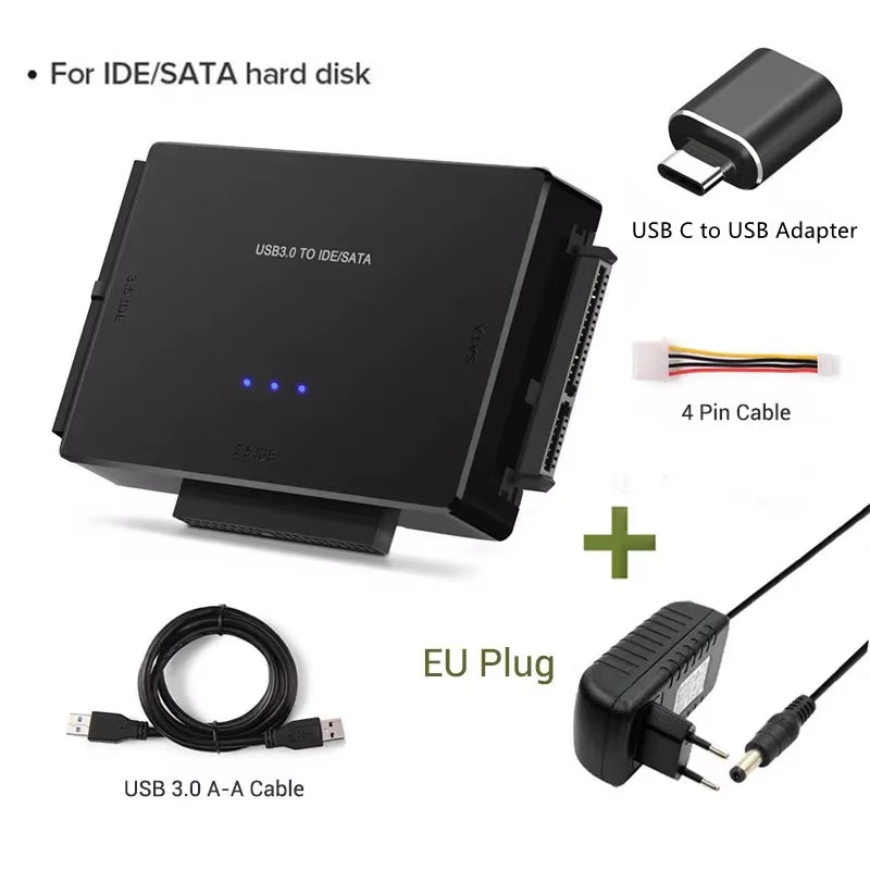 USB 3.0 to SATA/IDE Hard Disk Adapter Converter Cable for 3.5" and 2.5" HDD/SSD, CD/DVD ROM, and CD-RW - 3-in-1 IDE SATA Adapter
