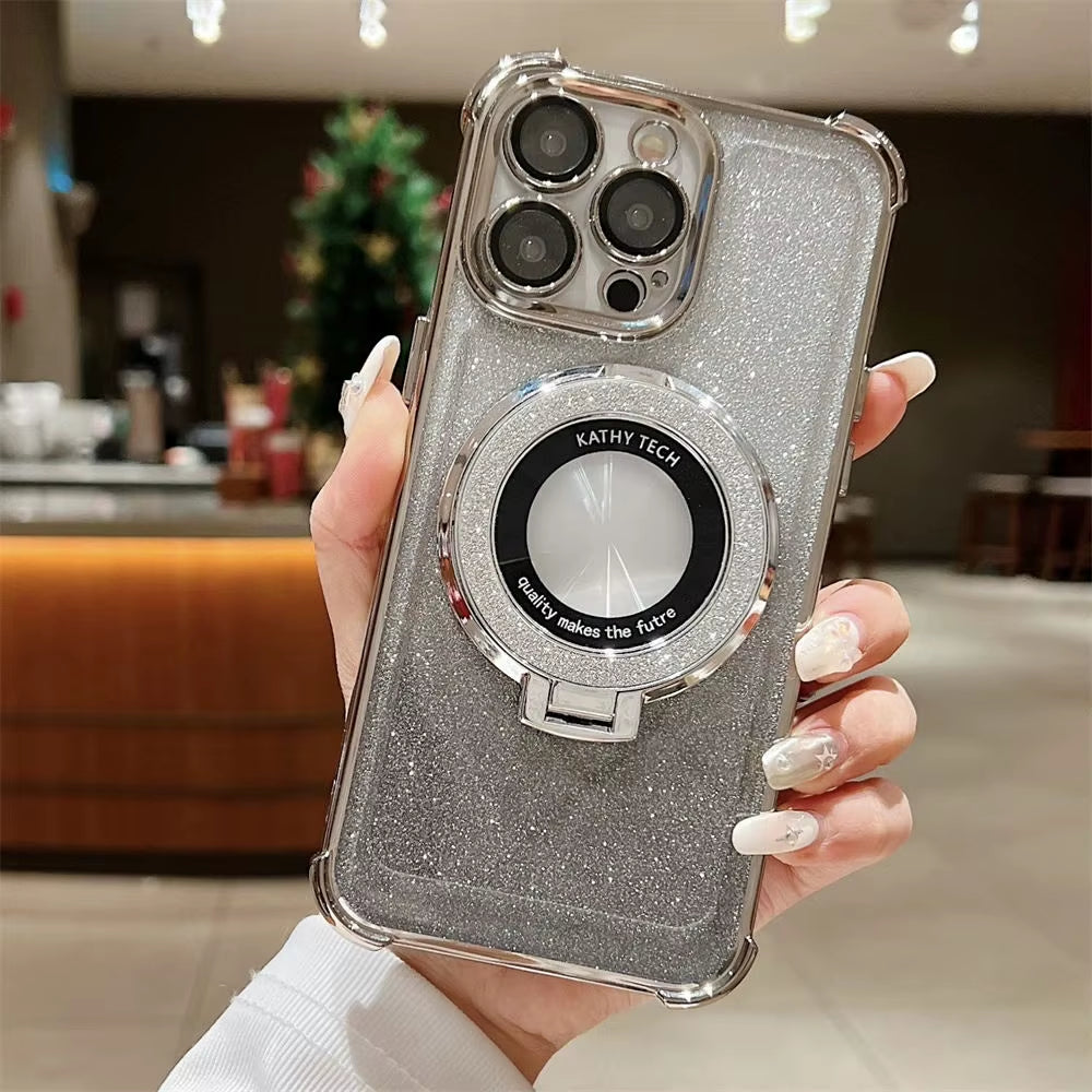 Premium Glitter Wireless Charging MagSafe Ring Stand Case for iPhone 11-16 Pro Max Plus - Transparent Magnetic Cover