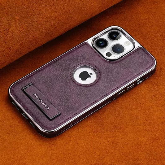 Premium Leather Folding Kickstand Phone Case with Luxury Plating for iPhone 16, 15, 11, 12, 13, 14 Pro Max Plus - Slim Metal Holder Cover