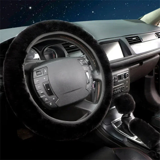 3-Piece Set of Plush Faux Wool Steering Wheel Covers - 38cm Fluffy and Thick Auto Accessories