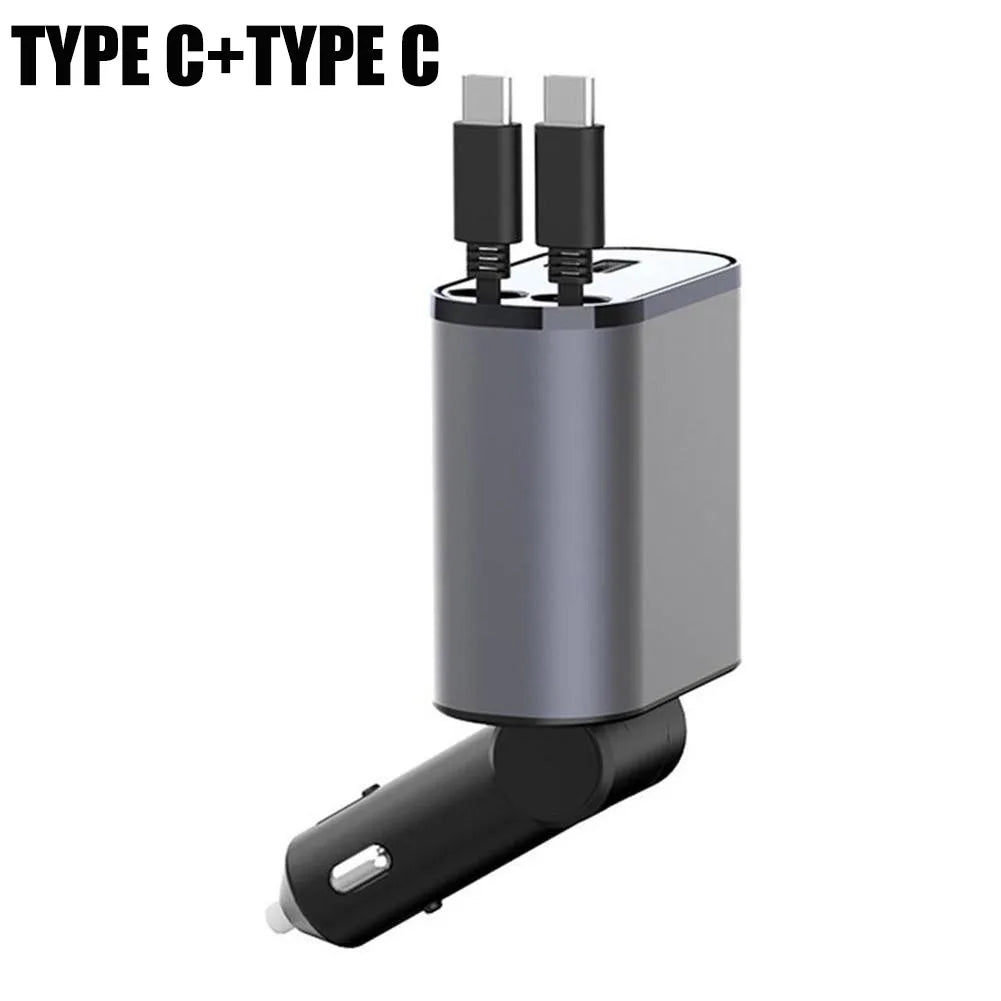100W 4-in-1 Retractable Car Charger with USB Type-C Cable and Cigarette Lighter Adapter for Fast Charging iPhone