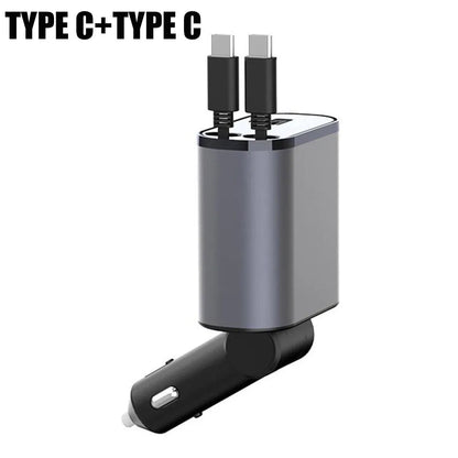 100W 4-in-1 Retractable Car Charger with USB Type-C Cable and Cigarette Lighter Adapter for Fast Charging iPhone
