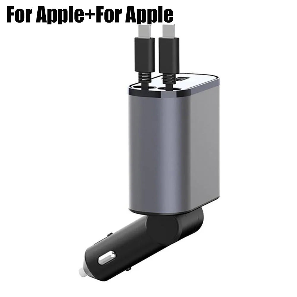 100W 4-in-1 Retractable Car Charger with USB Type-C Cable and Cigarette Lighter Adapter for Fast Charging iPhone