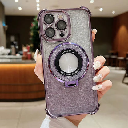 Premium Glitter Wireless Charging MagSafe Ring Stand Case for iPhone 11-16 Pro Max Plus - Transparent Magnetic Cover