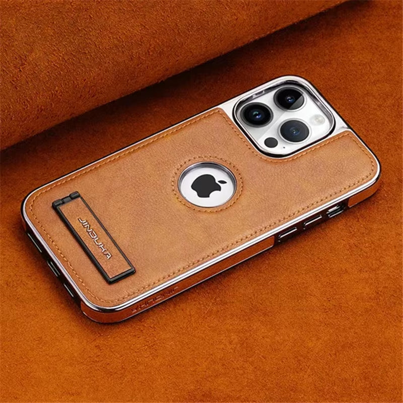Premium Leather Folding Kickstand Phone Case with Luxury Plating for iPhone 16, 15, 11, 12, 13, 14 Pro Max Plus - Slim Metal Holder Cover
