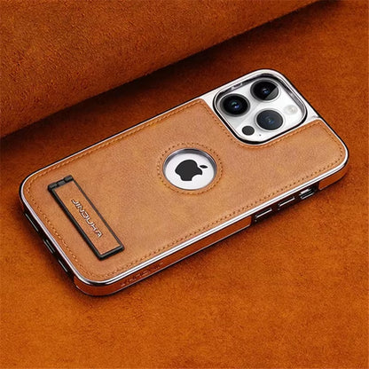 Premium Leather Folding Kickstand Phone Case with Luxury Plating for iPhone 16, 15, 11, 12, 13, 14 Pro Max Plus - Slim Metal Holder Cover