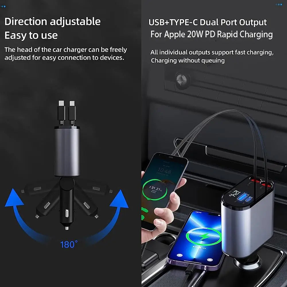 100W 4-in-1 Retractable Car Charger with USB Type-C Cable and Cigarette Lighter Adapter for Fast Charging iPhone