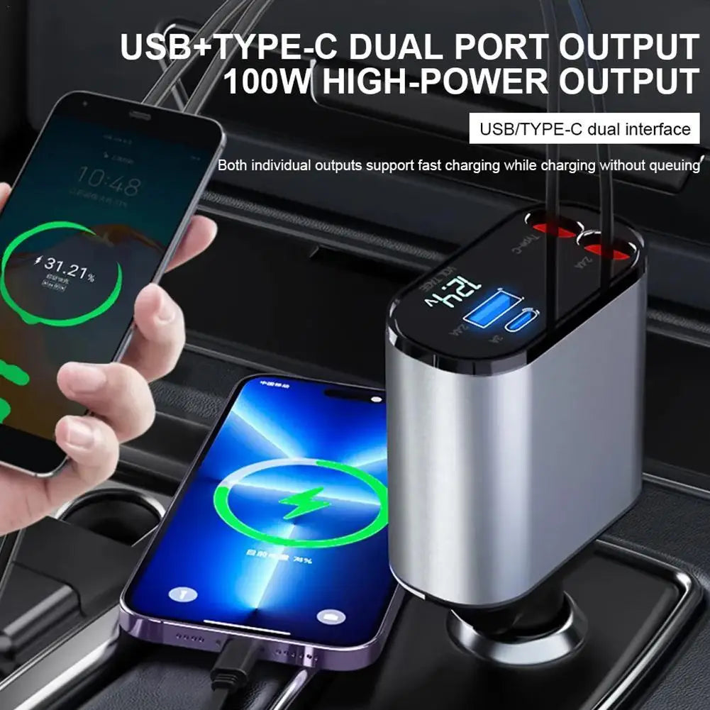 100W 4-in-1 Retractable Car Charger with USB Type-C Cable and Cigarette Lighter Adapter for Fast Charging iPhone