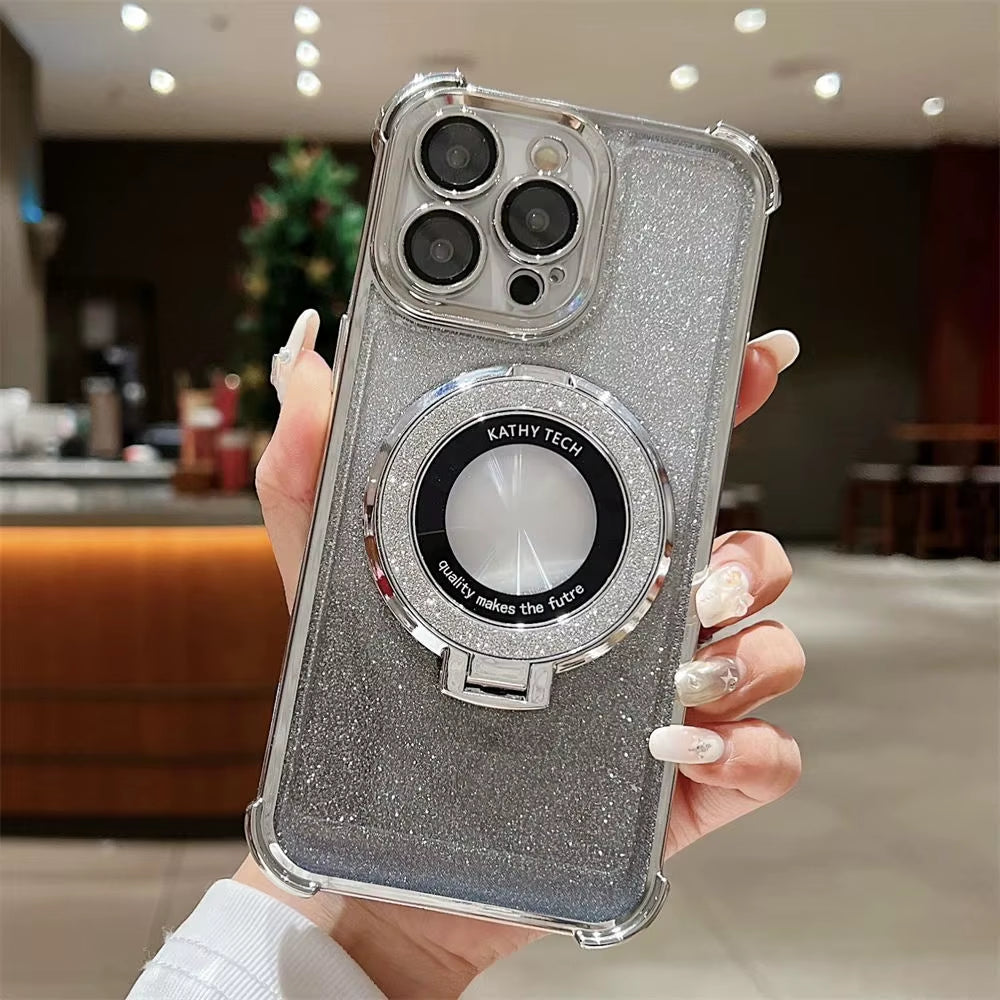 Premium Glitter Wireless Charging MagSafe Ring Stand Case for iPhone 11-16 Pro Max Plus - Transparent Magnetic Cover