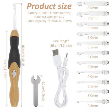 Light up Crochet Hook Set 11 Sizes Lighted Crochet Hooks with Case 2.5Mm to 8Mm Rechargeable LED Crochet Hook Tool