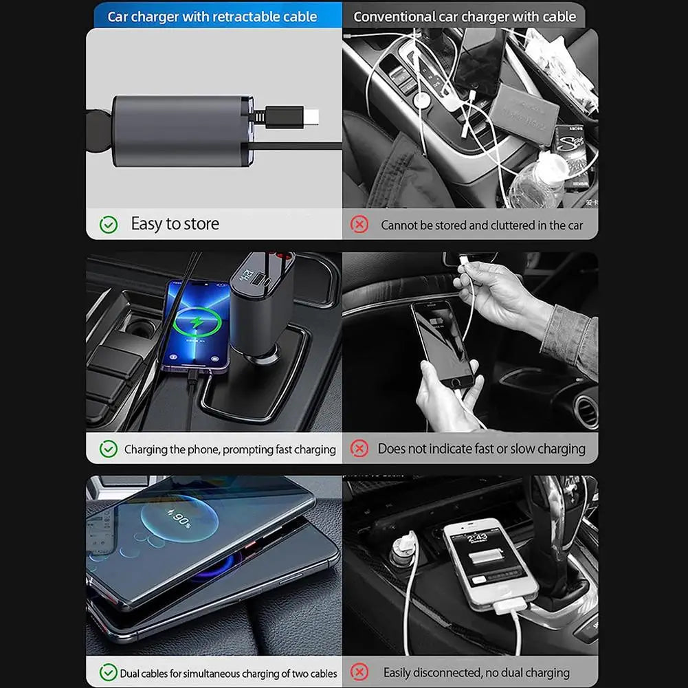 100W 4-in-1 Retractable Car Charger with USB Type-C Cable and Cigarette Lighter Adapter for Fast Charging iPhone
