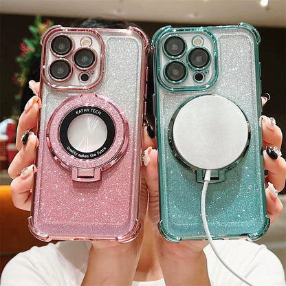 Premium Glitter Wireless Charging MagSafe Ring Stand Case for iPhone 11-16 Pro Max Plus - Transparent Magnetic Cover