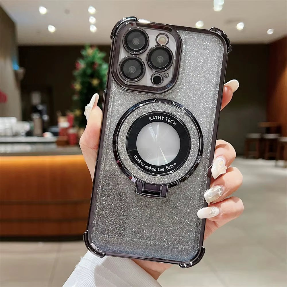 Premium Glitter Wireless Charging MagSafe Ring Stand Case for iPhone 11-16 Pro Max Plus - Transparent Magnetic Cover