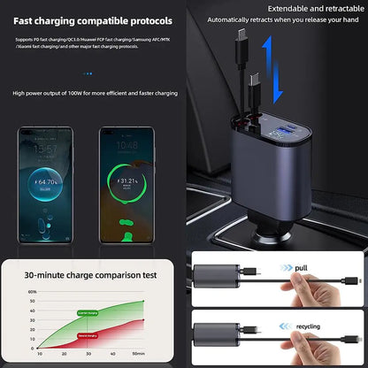100W 4-in-1 Retractable Car Charger with USB Type-C Cable and Cigarette Lighter Adapter for Fast Charging iPhone