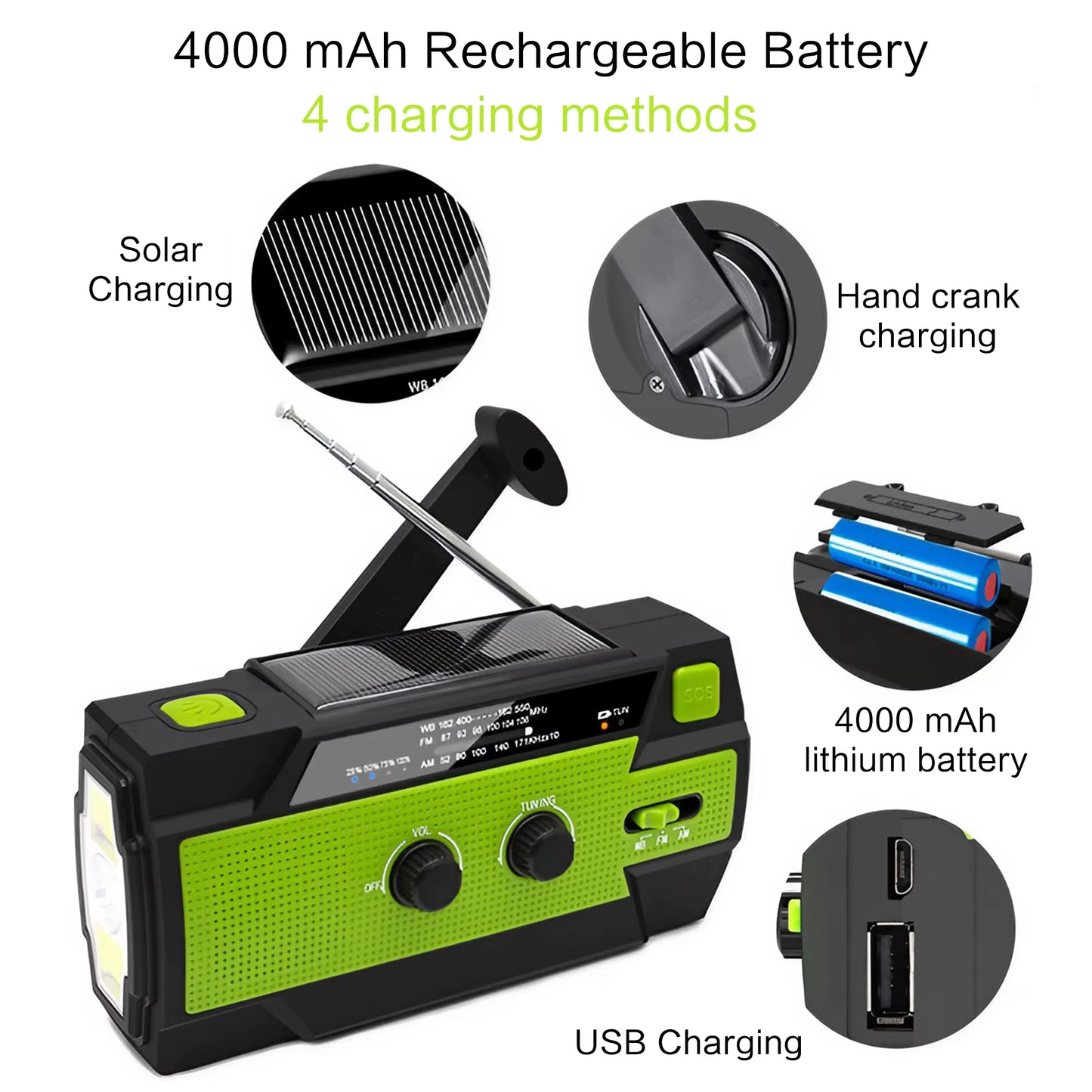 AM/FM/WB Reception, Hand Crank/Solar/Usb Charging, Power Bank, 3-Mode Flashlight Battery Display, and SOS Alert Feature
