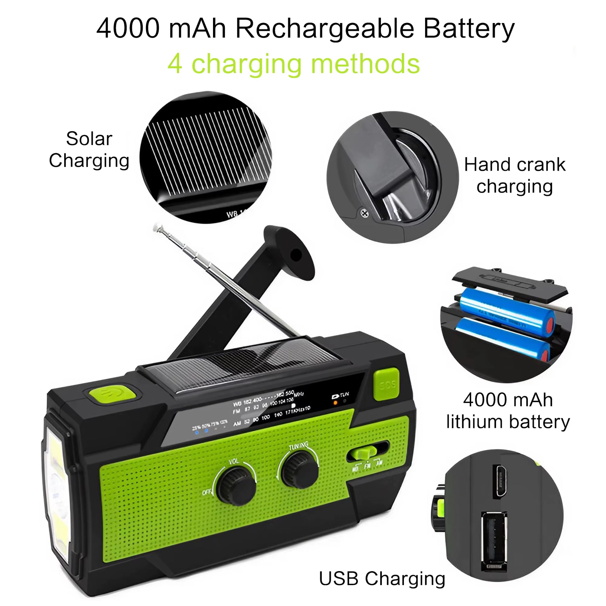 AM/FM/WB Reception, Hand Crank/Solar/Usb Charging, Power Bank, 3-Mode Flashlight Battery Display, and SOS Alert Feature