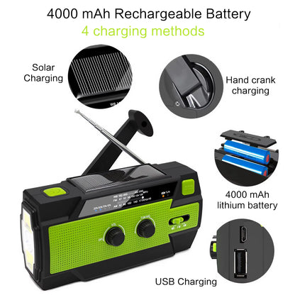 AM/FM/WB Reception, Hand Crank/Solar/Usb Charging, Power Bank, 3-Mode Flashlight Battery Display, and SOS Alert Feature