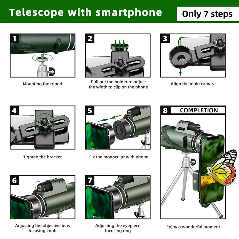 80x100 High Definition Zoom Monocular Telescope with Tripod and Phone Clip for Hunting and Camping