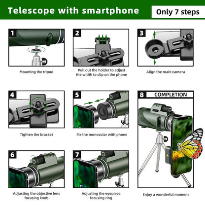 80x100 High Definition Zoom Monocular Telescope with Tripod and Phone Clip for Hunting and Camping