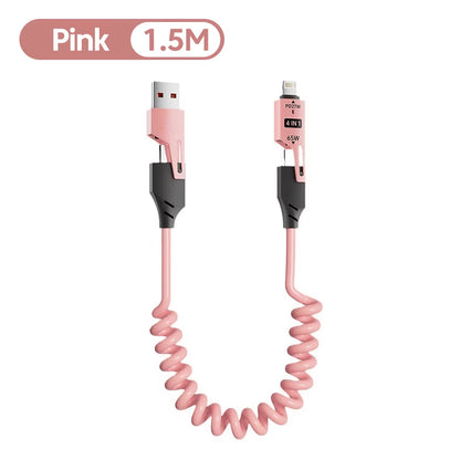 65W 6A Spring Coiled USB-C Cable 4-In-1 Fast Charging for Iphone 16 15 14 13 12 Pro Max Samsung Multi-Device Durable Cord