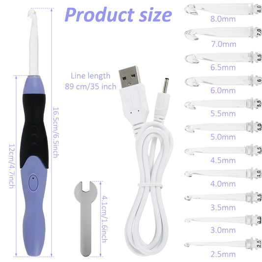 Light up Crochet Hook Set 11 Sizes Lighted Crochet Hooks with Case 2.5Mm to 8Mm Rechargeable LED Crochet Hook Tool