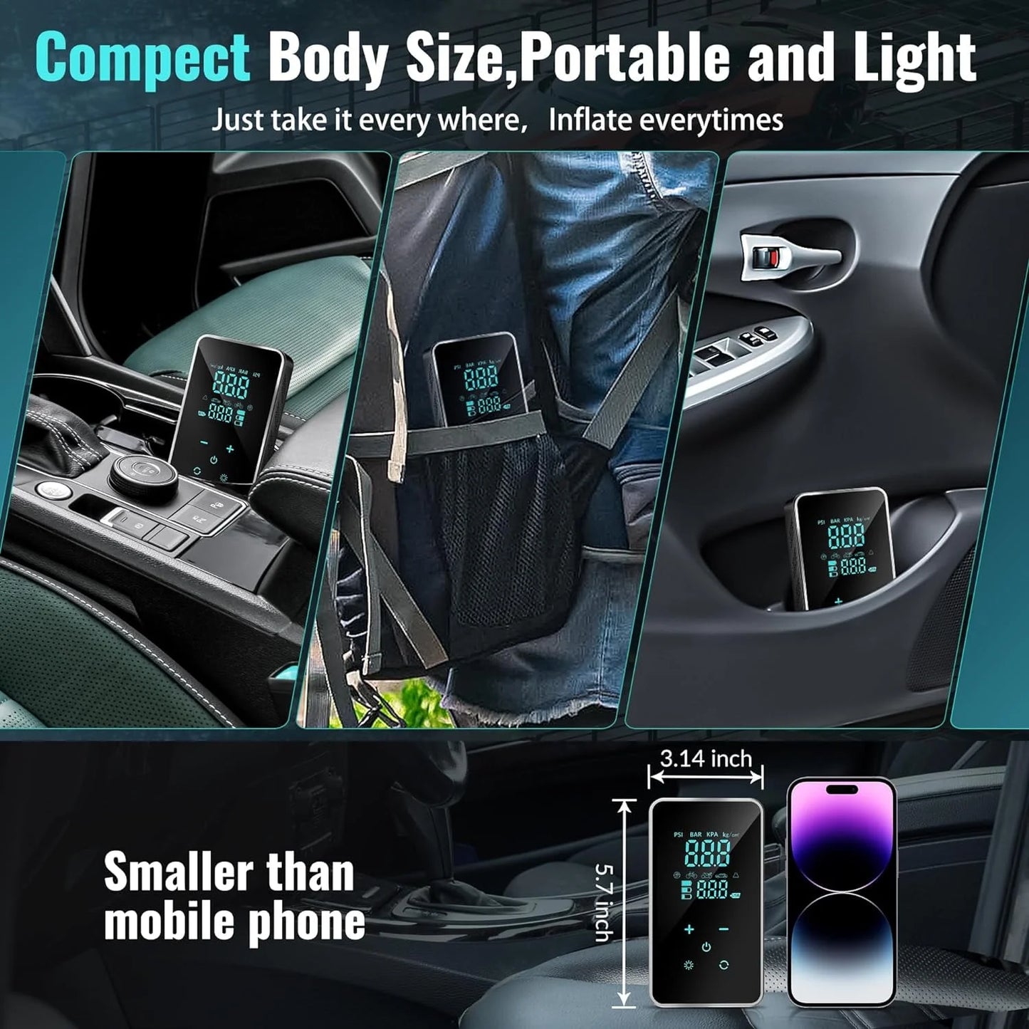 Tire Inflator Portable Air Compressor-18000Mah-Portable Air Pump-150 Psi Tire Pump with Touch Screen/Gauge/Light for Car, Motorcycle, Bike, Ball