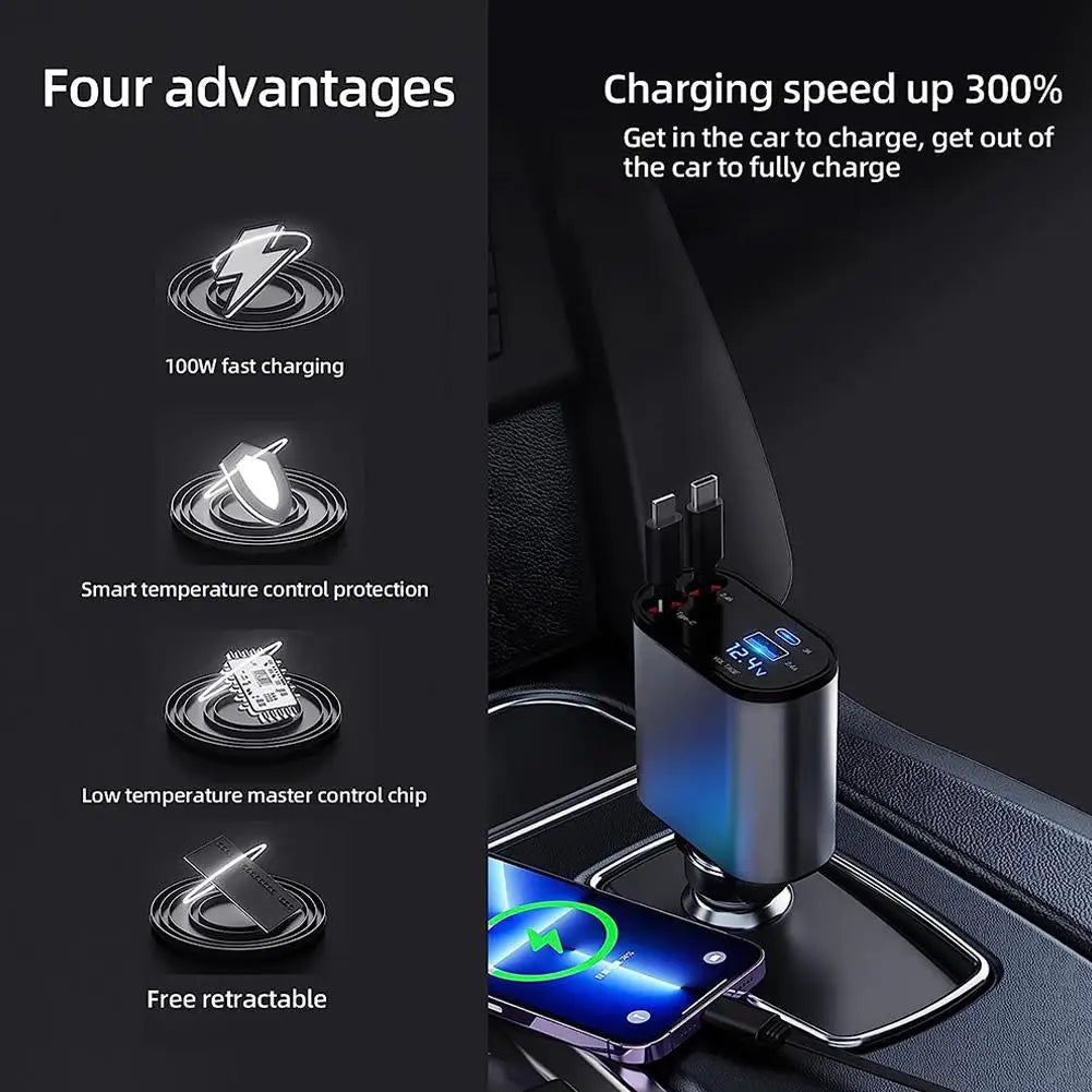 100W 4-in-1 Retractable Car Charger with USB Type-C Cable and Cigarette Lighter Adapter for Fast Charging iPhone