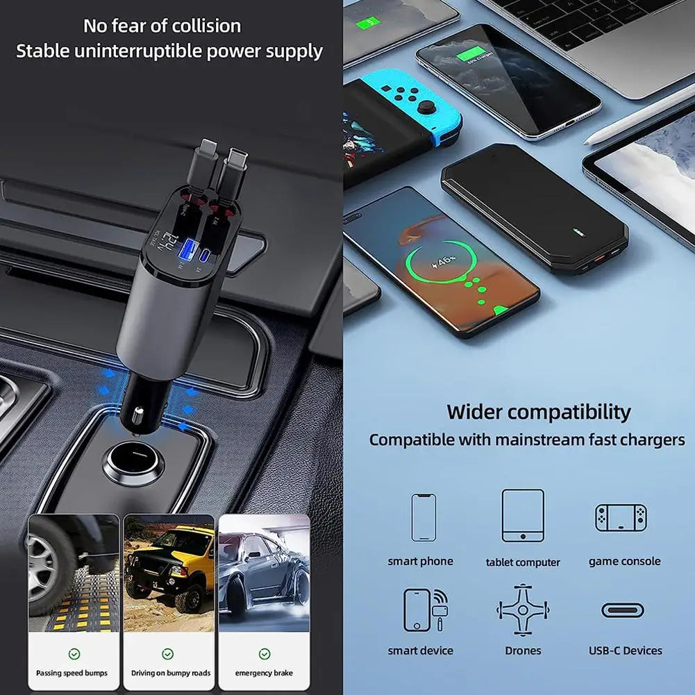 100W 4-in-1 Retractable Car Charger with USB Type-C Cable and Cigarette Lighter Adapter for Fast Charging iPhone