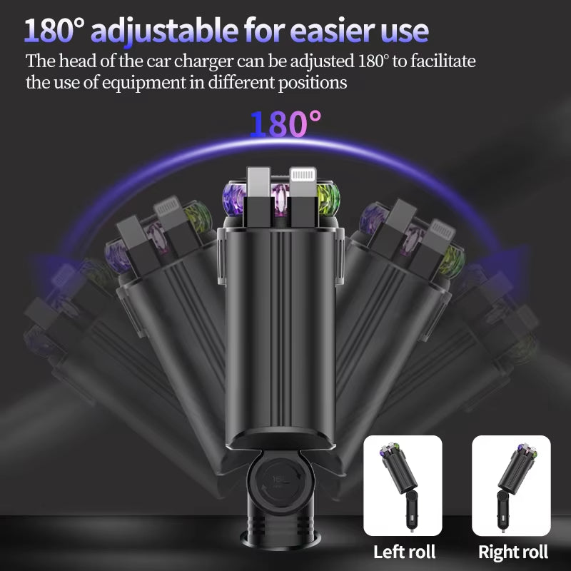 5-In-1 PD45W Car Fast Charger USB Type-C Power Adapter Retractable Phone Charger with Roof Starlight Aromatherapy for IOS Androi