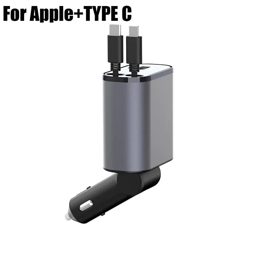 100W 4-in-1 Retractable Car Charger with USB Type-C Cable and Cigarette Lighter Adapter for Fast Charging iPhone