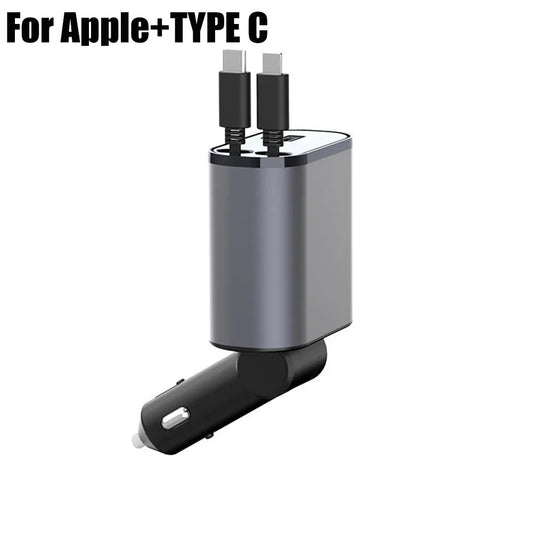 100W 4-in-1 Retractable Car Charger with USB Type-C Cable and Cigarette Lighter Adapter for Fast Charging iPhone